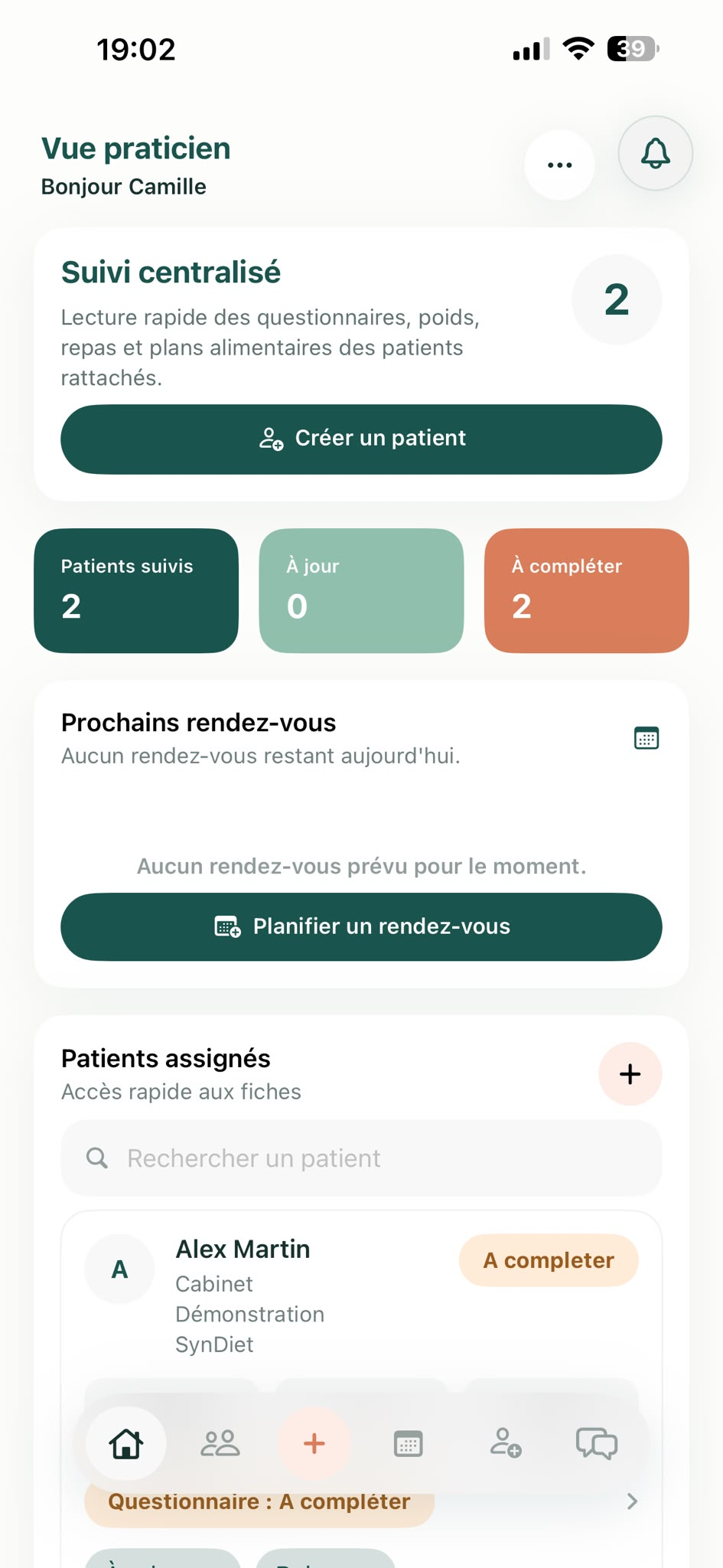Vue praticien de l’application mobile SynDiet